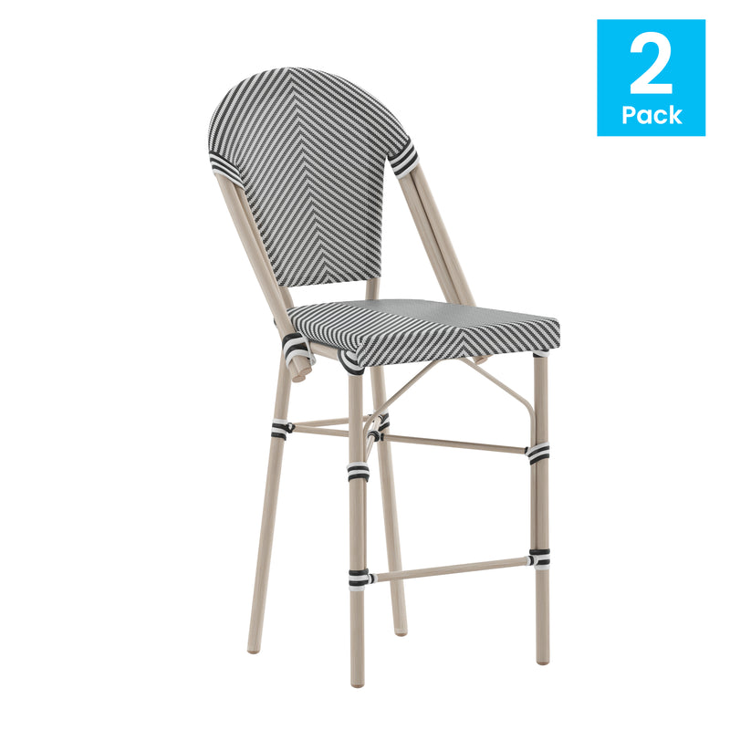 Mael Set of Two Stacking French Bistro Style Counter Stools with Black and White Textilene Seats and Light Bamboo Metal Frames for Indoor/Outdoor Use