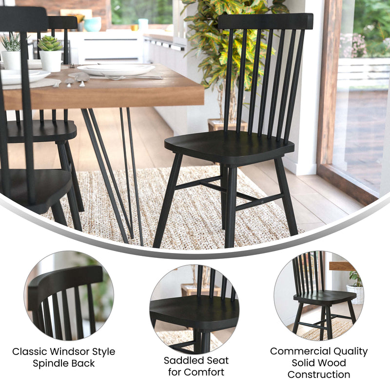 Torrin Set of Two Premium Solid Wood Spindle Back Dining Chairs in Black with Saddle Seats and Floor Protectant Felt Pads