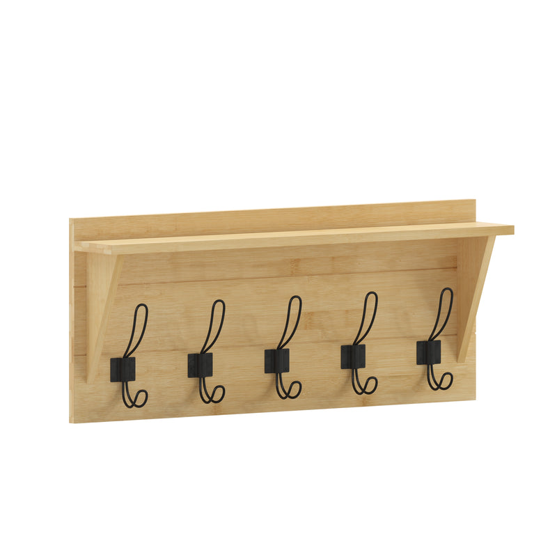 Enid 24 Inch Wall Mount Rustic Brown Pine Wood Storage Rack with 5 Hooks, Entryway, Kitchen, Bathroom