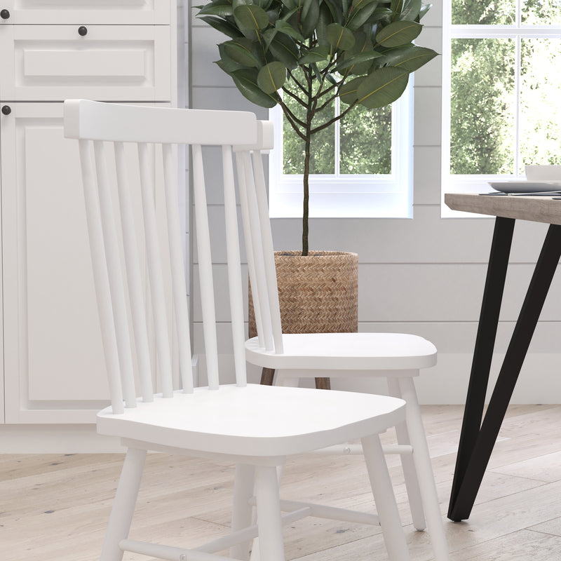 Torrin Set of Two Premium Solid Wood Spindle Back Dining Chairs in White with Saddle Seat and Floor Protectant Felt Pads