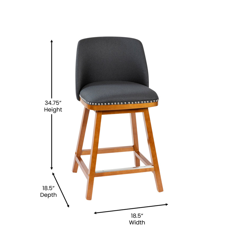 Ellie Set of 2 Charcoal Faux Linen Upholstered 24" Counter Stools with Nail Head Accent Trim and Walnut Wood Frames
