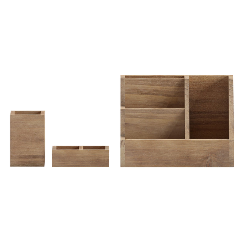 Ceely 3 Piece Wooden Desk Organizer Set for Desktop, Countertop, or Vanity in Rustic Brown