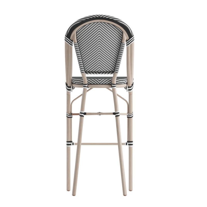 Mael Set of Two Stacking French Bistro Style Bar Stools with Black and White Textilene Seats and Light Bamboo Metal Frames for Indoor/Outdoor Use