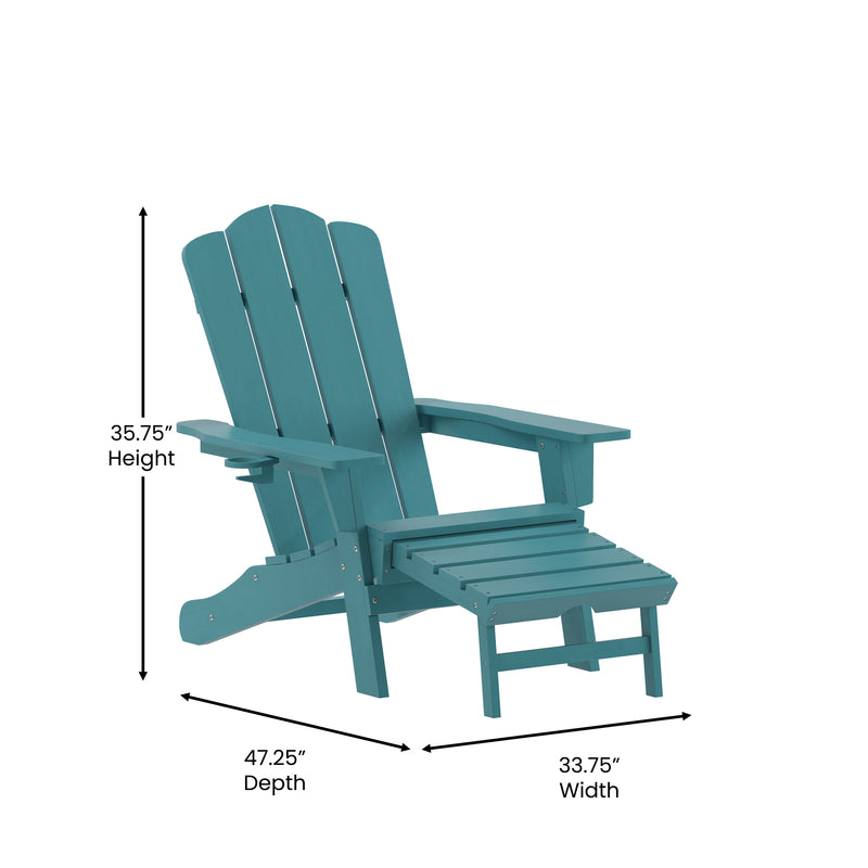 Nassau Adirondack Chair with Cup Holder and Pull Out Ottoman, All-Weather HDPE Indoor/Outdoor Lounge Chair