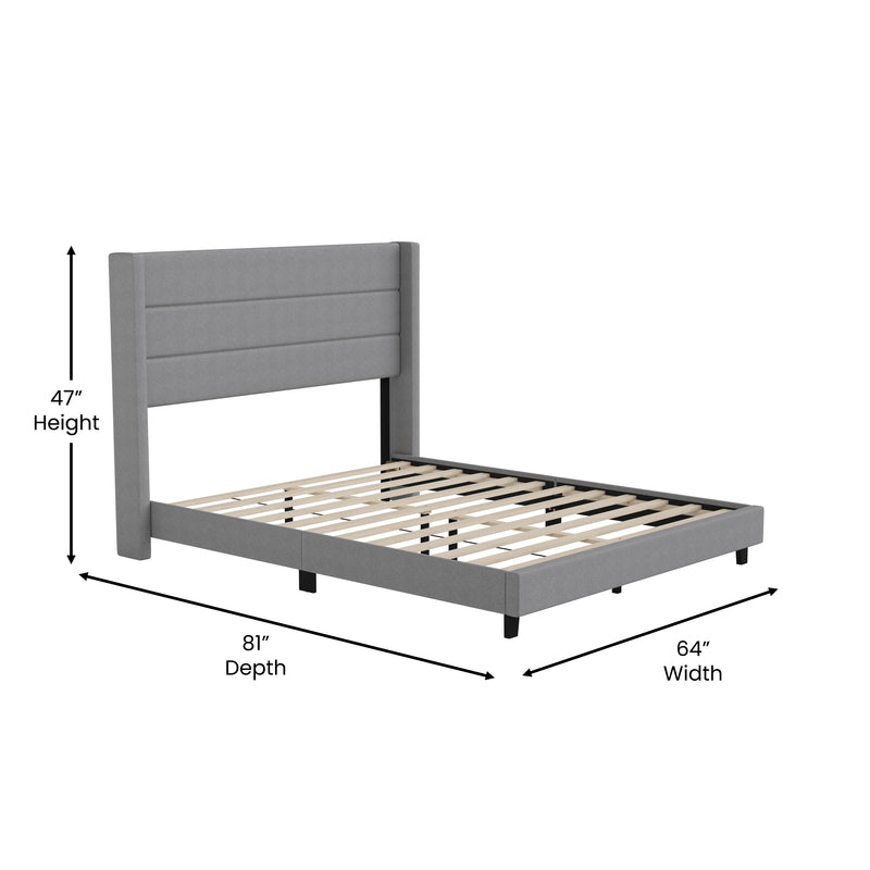 Percy Modern Platform Bed with Padded Channel Stitched Faux Linen Upholstered Wingback Headboard and 8.6" Underbed Clearance