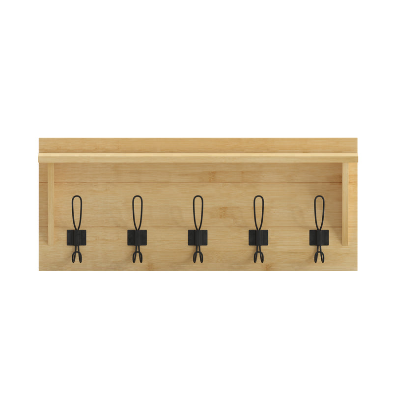 Enid 24 Inch Wall Mount Rustic Brown Pine Wood Storage Rack with 5 Hooks, Entryway, Kitchen, Bathroom