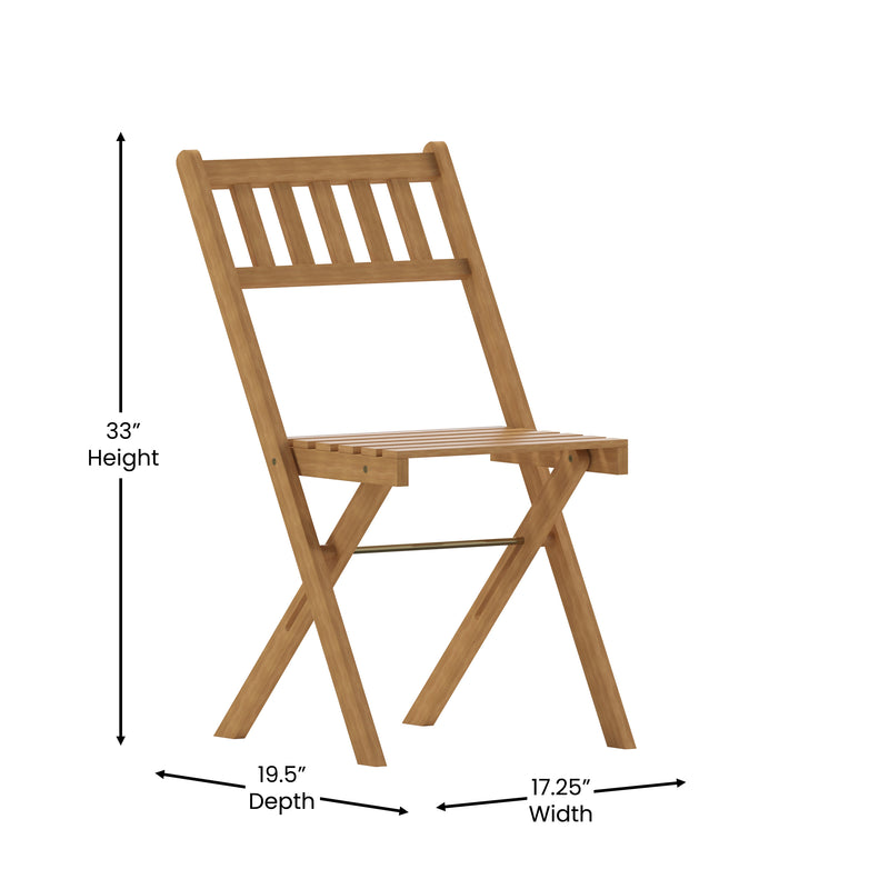 Stora Set of 2 Solid Acacia Wood Armless Folding Patio Bistro Chairs with Slatted Backs and Seats
