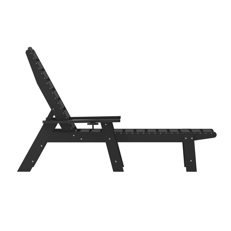 Gaylord Adjustable Adirondack Lounger with Cup Holder- All-Weather Indoor/Outdoor HDPE Lounge Chair in Black