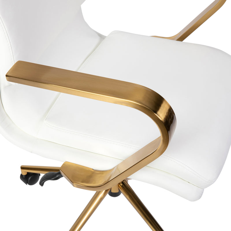 Artemis Mid-Back Home Office Chair with Armrests, Height Adjustable Swivel Seat and Five Star Gold Base, White Faux Leather
