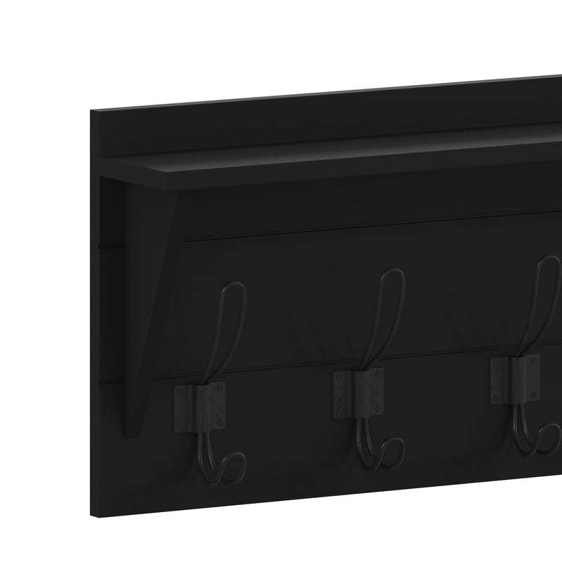 Enid 24 Inch Wall Mount Black Pine Wood Storage Rack with 5 Hooks, Entryway, Kitchen, Bathroom