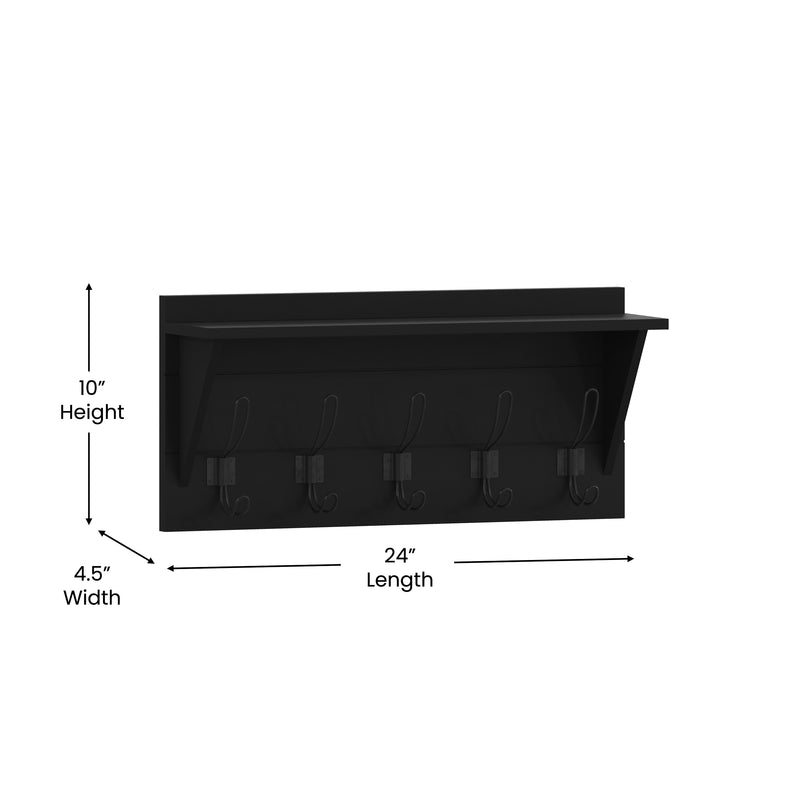 Enid 24 Inch Wall Mount Black Pine Wood Storage Rack with 5 Hooks, Entryway, Kitchen, Bathroom