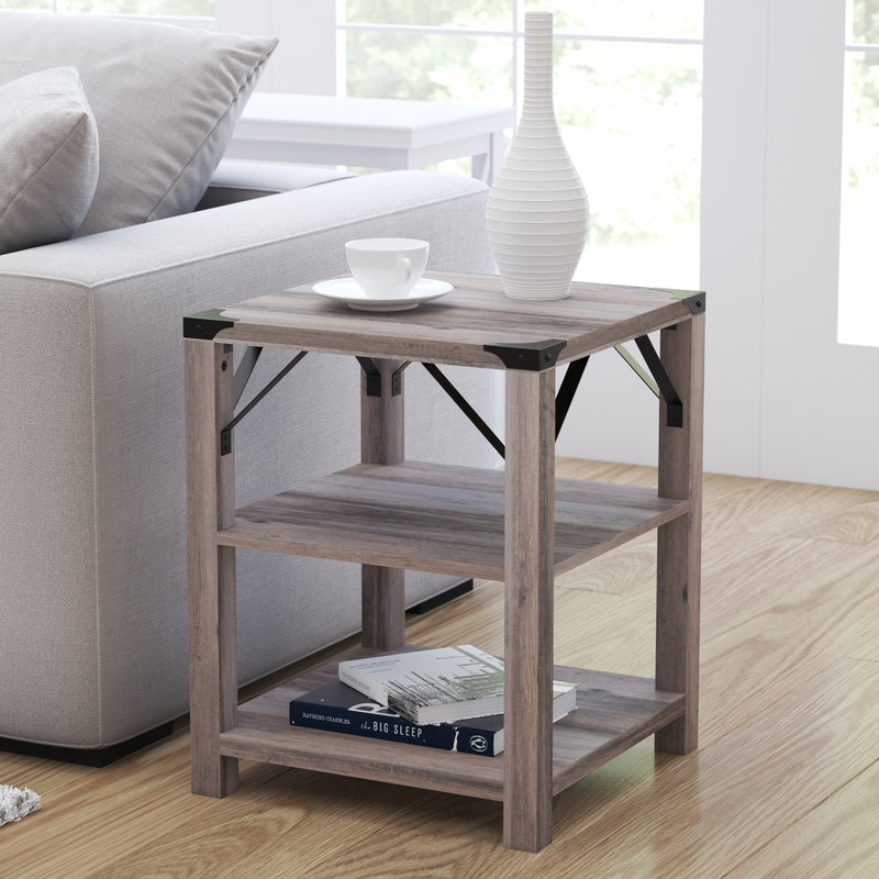 Green River Modern Farmhouse Engineered Wood End Table with Two Tiered Shelving and Powder Coated Steel Accents