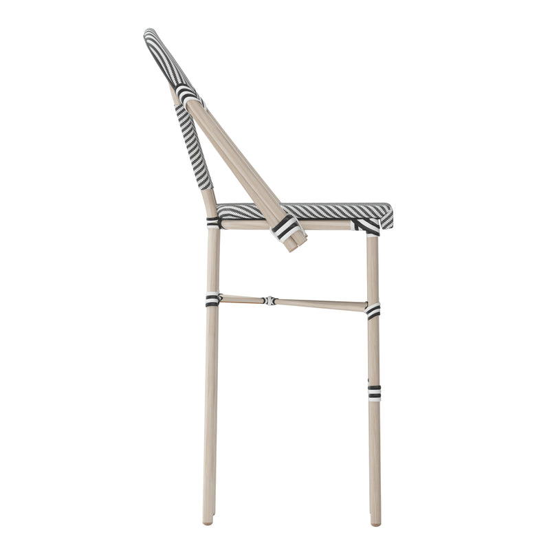Mael Set of Two Stacking French Bistro Style Bar Stools with Black and White Textilene Seats and Light Bamboo Metal Frames for Indoor/Outdoor Use