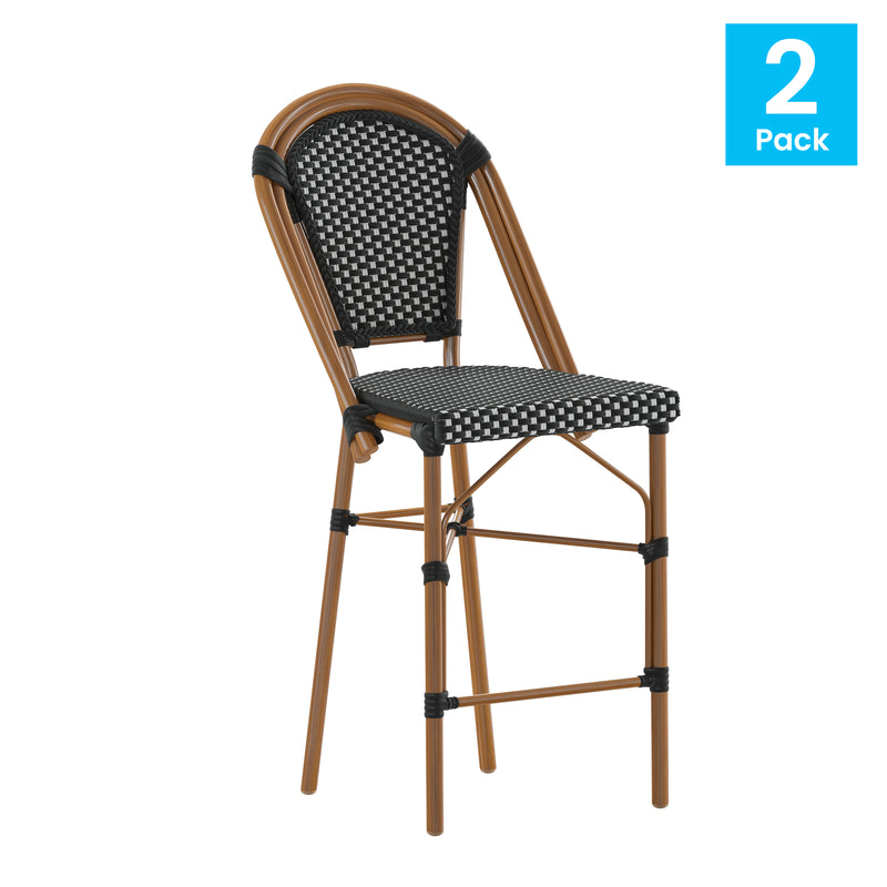 Sacha Set of Two Stacking French Bistro Counter Stools with PE Seats and Back and Bamboo Finished Metal Frames for Indoor/Outdoor Use