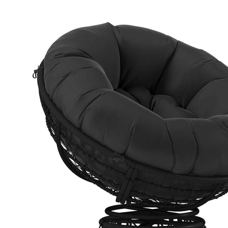 Foley Papasan Style Woven Wicker Swivel Patio Chair in Black with Removable All-Weather Black Cushion
