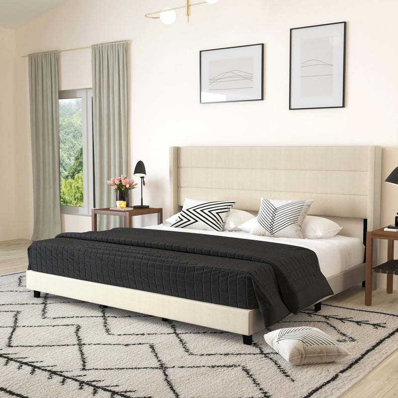 Percy Modern Platform Bed with Padded Channel Stitched Faux Linen Upholstered Wingback Headboard and 8.6" Underbed Clearance