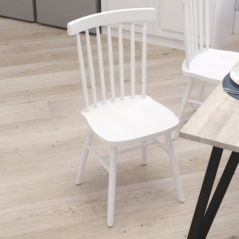 Torrin Set of Two Premium Solid Wood Spindle Back Dining Chairs in White with Saddle Seat and Floor Protectant Felt Pads