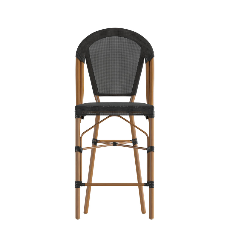 Mael Set of Two Stacking French Bistro Style Counter Stools with Black Textilene Seat and Bamboo Finished Metal Frame for Indoor/Outdoor Use
