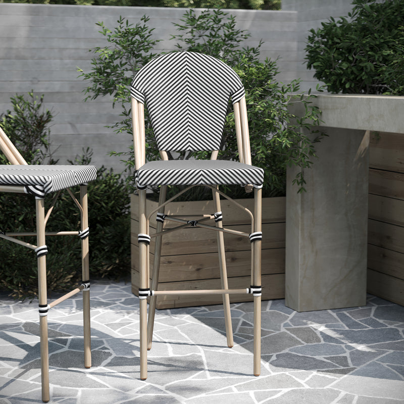 Mael Set of Two Stacking French Bistro Style Bar Stools with Black and White Textilene Seats and Light Bamboo Metal Frames for Indoor/Outdoor Use