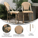 Celia Set of Two Indoor/Outdoor Stacking French Bistro Counter Stools with Patterned Seats and Backs & Light Natural Metal Frames