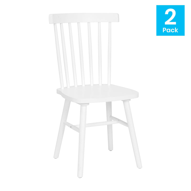 Torrin Set of Two Premium Solid Wood Spindle Back Dining Chairs in White with Saddle Seat and Floor Protectant Felt Pads