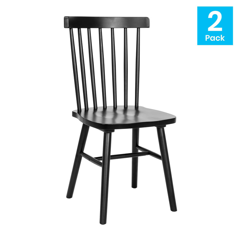 Torrin Set of Two Premium Solid Wood Spindle Back Dining Chairs in Black with Saddle Seats and Floor Protectant Felt Pads