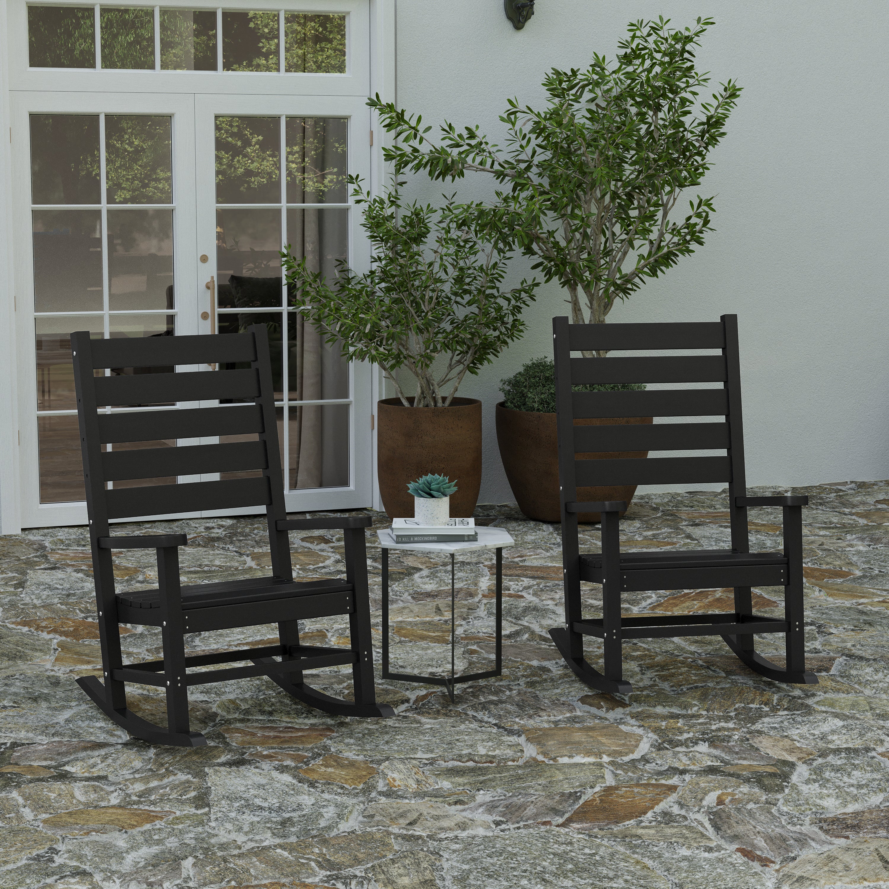 Fielder Set of 2 Contemporary Rocking Chairs, All-Weather HDPE Indoor/