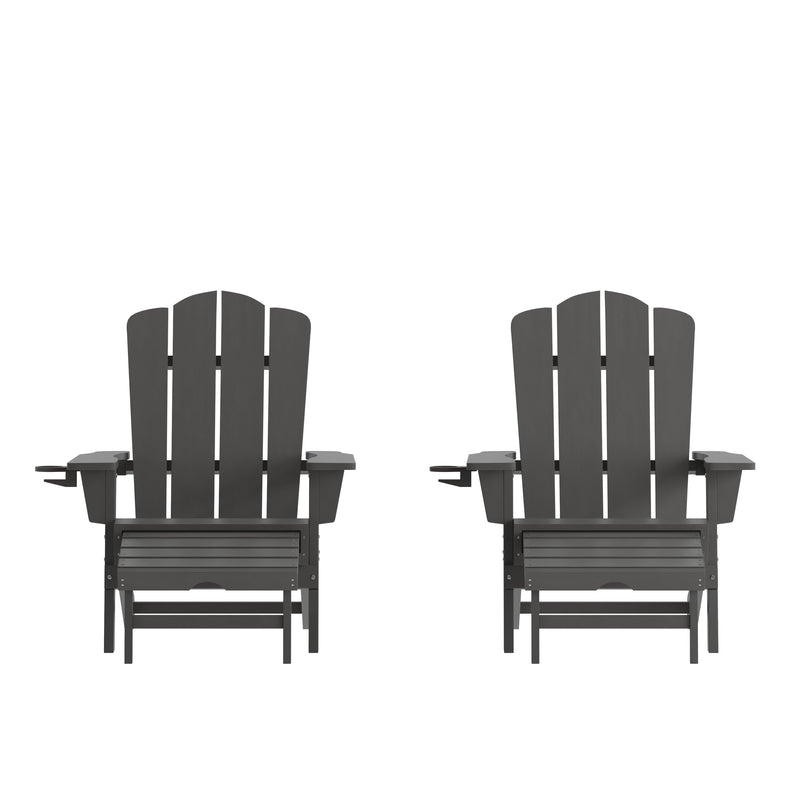 Nassau Adirondack Chair with Cup Holder and Pull Out Ottoman, All-Weather HDPE Indoor/Outdoor Lounge Chair, Set of 2