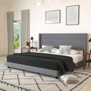 Percy Modern Platform Bed with Padded Channel Stitched Faux Linen Upholstered Wingback Headboard and 8.6" Underbed Clearance