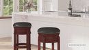 Clara 24" Light Cherry Wood Backless Wooden Counter Stool with Black Faux Leather 360 Degree Swivel Seat