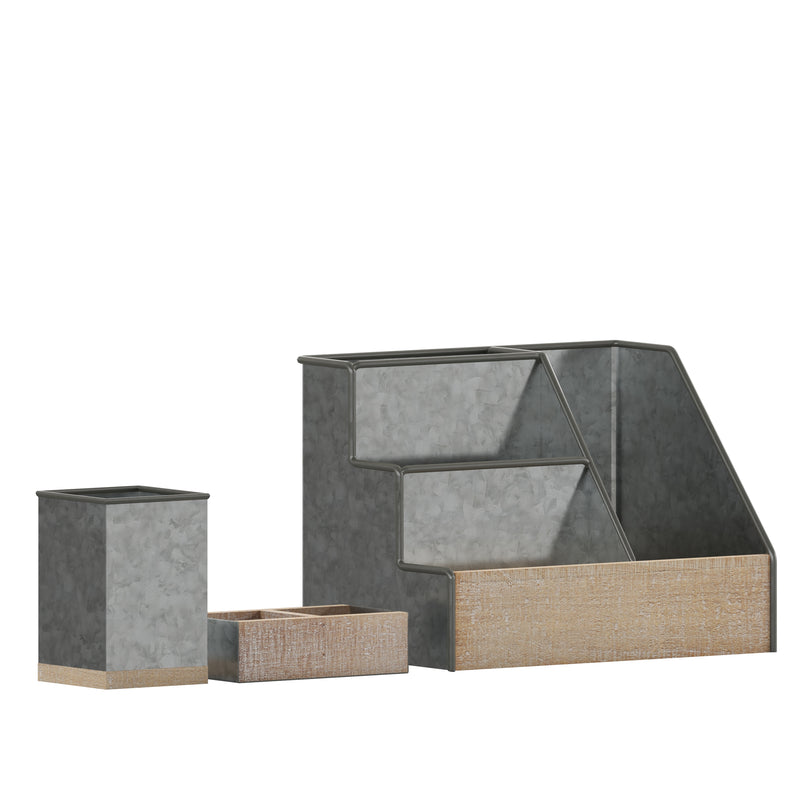 Cecil 3 Piece Desk Organizer Set for Desktop, Countertop, or Vanity in Galvanized Finished Metal and Rustic Wood