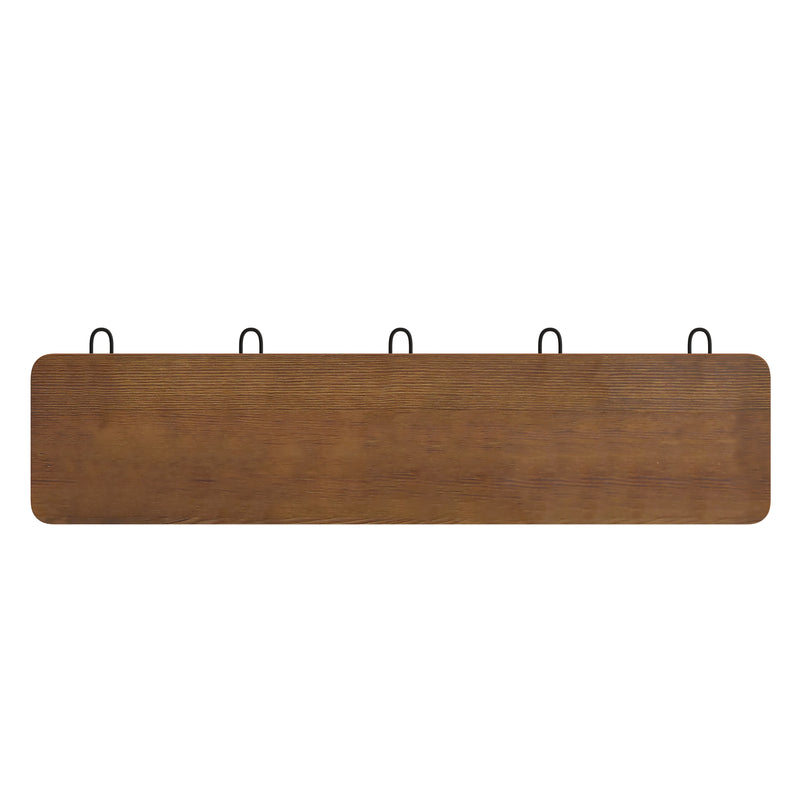 Enid 24 Inch Wall Mount Classic Brown Pine Wood Storage Rack with 5 Hooks, Entryway, Kitchen, Bathroom