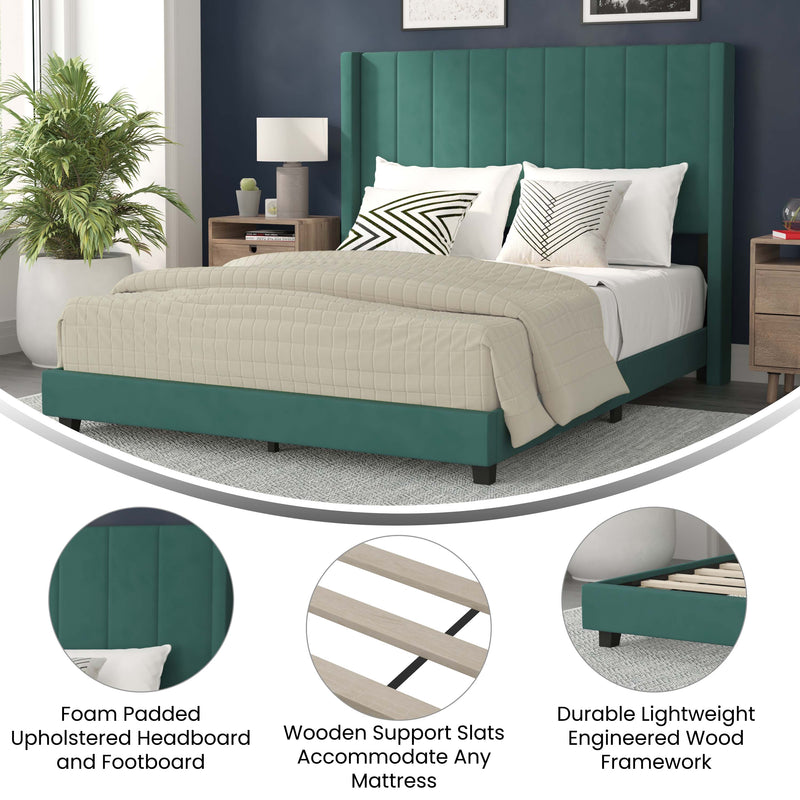 Sana Modern Emerald Velvet Upholstered Platform Bed Frame with Padded, Tufted Wingback Headboard and Wood Support Slats, No Box Spring Required