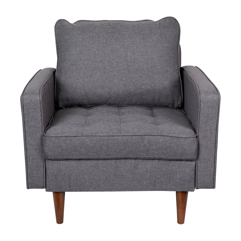 Garibaldi Mid-Century Modern Armchair with Tufted Faux Linen Upholstery & Solid Wood Legs
