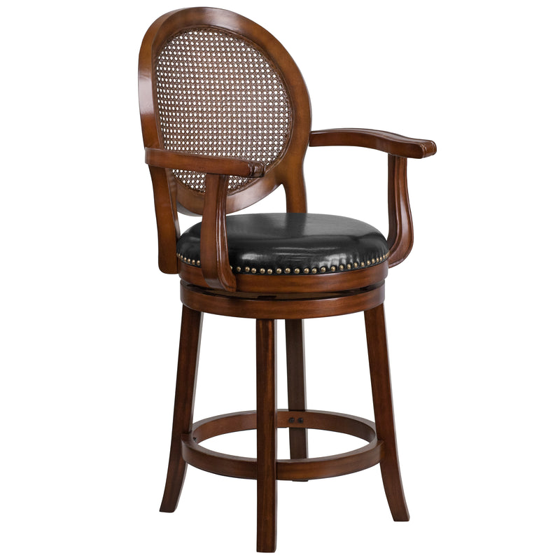 Mathieu 26" Swivel Counter Stool with Oval Rattan Back, Arms and Black Faux Leather Upholstered Swivel Seat in Espresso