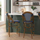 Sacha Set of Two Stacking French Bistro Counter Stools with PE Seats and Back and Bamboo Finished Metal Frames for Indoor/Outdoor Use