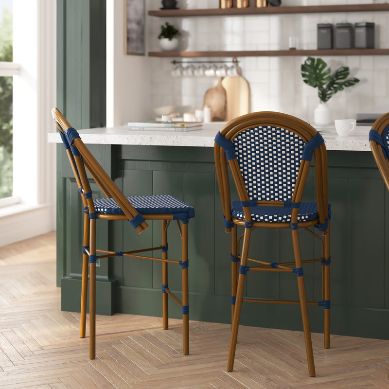 Sacha Set of Two Stacking French Bistro Counter Stools with Navy and White PE Seats and Back and Bamboo Finished Metal Frames for Indoor/Outdoor Use