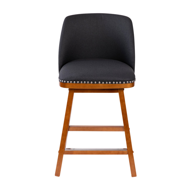 Ellie Set of 2 Charcoal Faux Linen Upholstered 24" Counter Stools with Nail Head Accent Trim and Walnut Wood Frames