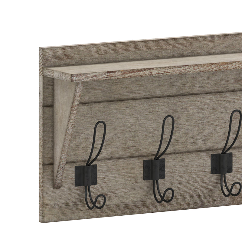 Enid Rustic Brown Pine Wood 24 Inch Wall Mount Storage Rack with 5 Hooks and Upper Display Shelf
