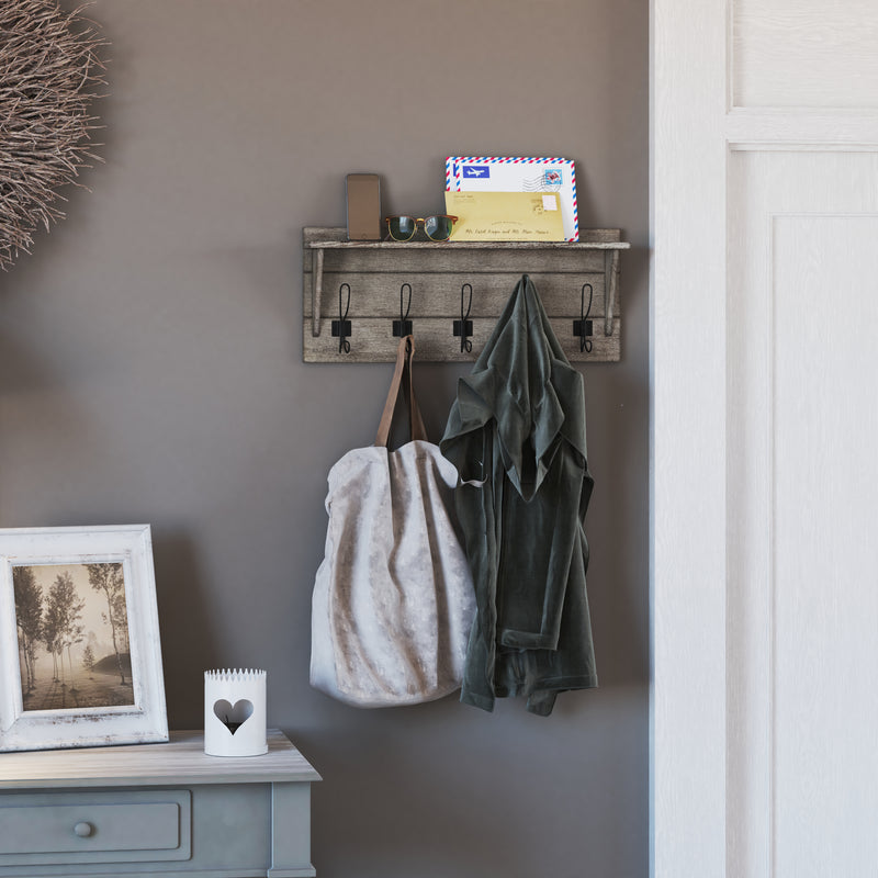 Enid Rustic Brown Pine Wood 24 Inch Wall Mount Storage Rack with 5 Hooks and Upper Display Shelf