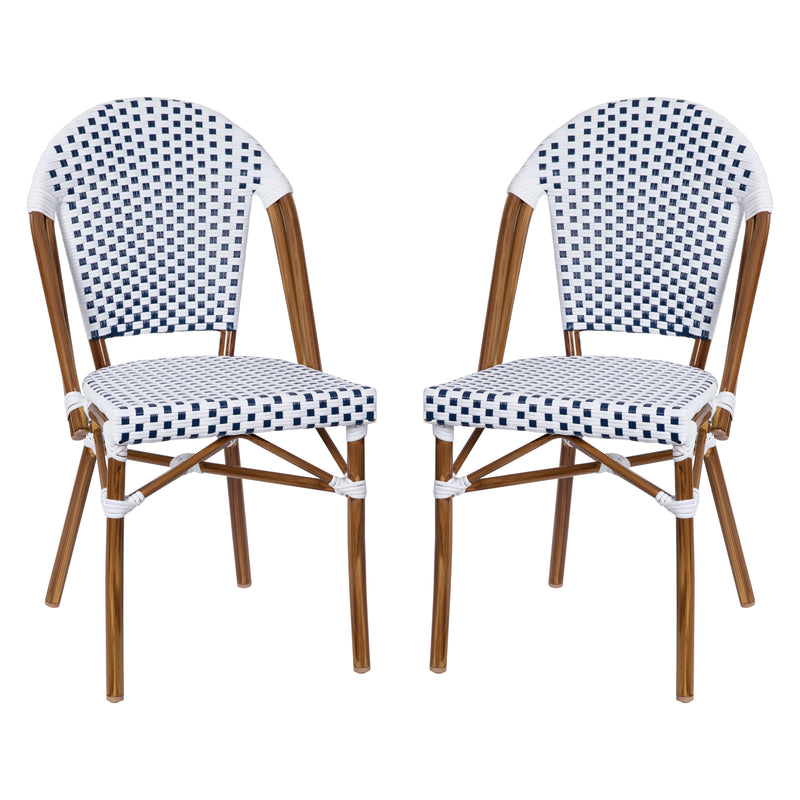 Celia Set of Two Indoor/Outdoor Stacking French Bistro Chairs with Patterned Seats and Backs & Light Bamboo Finished Aluminum Frames