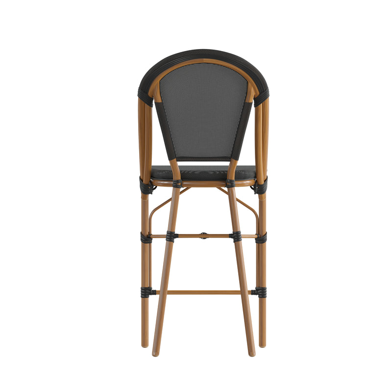 Mael Set of Two Stacking French Bistro Style Counter Stools with Black Textilene Seat and Bamboo Finished Metal Frame for Indoor/Outdoor Use
