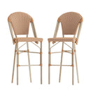 Celia Set of Two Indoor/Outdoor Stacking French Bistro Bar Stools with Patterned Seats and Backs & Light Natural Metal Frames