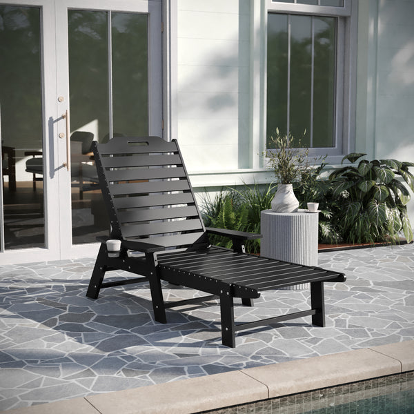 Gaylord Adjustable Adirondack Lounger with Cup Holder- All-Weather Indoor/Outdoor HDPE Lounge Chair in Black