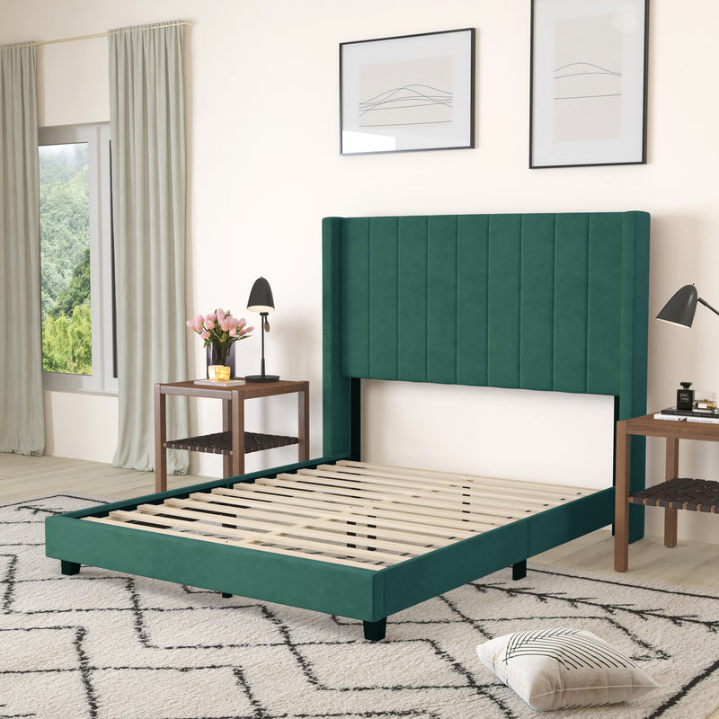 Sana Modern Emerald Velvet Upholstered Platform Bed Frame with Padded, Tufted Wingback Headboard and Wood Support Slats, No Box Spring Required