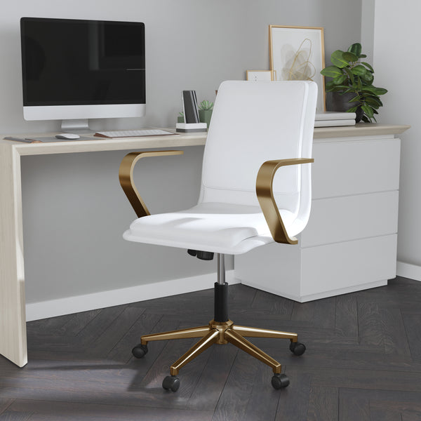 Artemis Mid-Back Home Office Chair with Armrests, Height Adjustable Swivel Seat and Five Star Gold Base, White Faux Leather