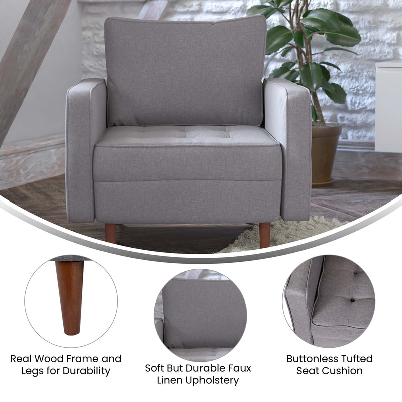 Garibaldi Mid-Century Modern Armchair with Tufted Faux Linen Upholstery & Solid Wood Legs in Slate Gray