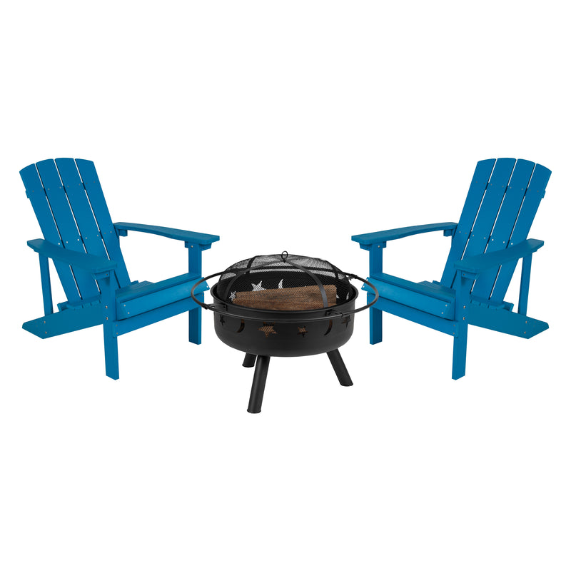 Ayala 3 Piece Outdoor Leisure Set with Set of 2 Blue Poly Resin Adirondack Chairs and Star and Moon Iron Fire Pit