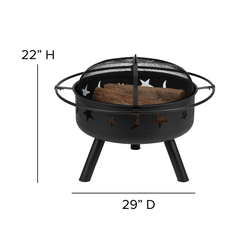 Ayala 3 Piece Outdoor Leisure Set with Set of 2 Blue Poly Resin Adirondack Chairs and Star and Moon Iron Fire Pit