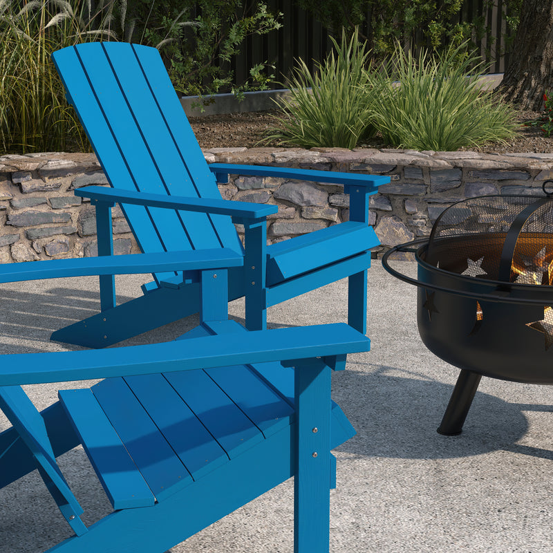 Ayala 3 Piece Outdoor Leisure Set with Set of 2 Blue Poly Resin Adirondack Chairs and Star and Moon Iron Fire Pit